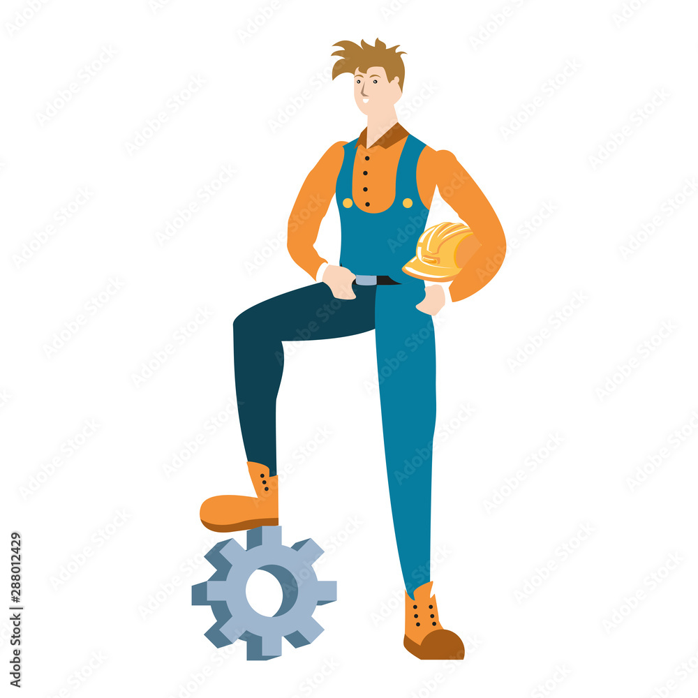 Poster builder constructor worker with gear character