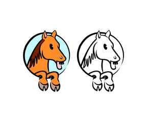 Horse cartoon character in circle, logo design. Animal, pet, hippodrome horse racing and ranch, vector design and illustration