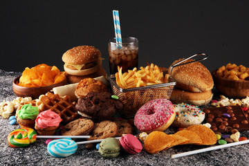 Unhealthy products. food bad for figure, skin, heart and teeth.