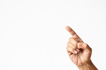 male hand with index finger pointing up isolated in white background