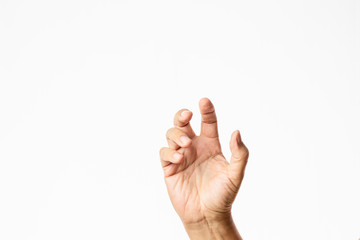 male hand showing symptoms of stiffness isolated in a white background