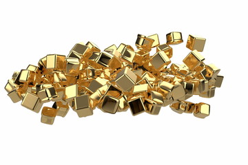 large pile of gold bars in the shape of boxes, 3D illustration isolated on white background. Conceptual depiction of success, wealth, and prosperity