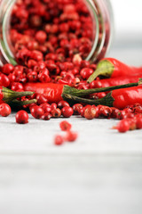 red hot bird chili pepper with pepper corns