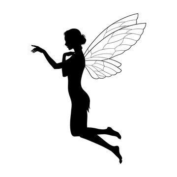 Beautiful girl fairy silhouette in profile isolated. Boho chic tattoo, sticker or print design vector illustration.