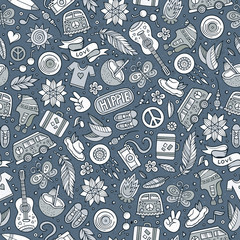 Hippie hand drawn doodles seamless pattern. Hippy background.