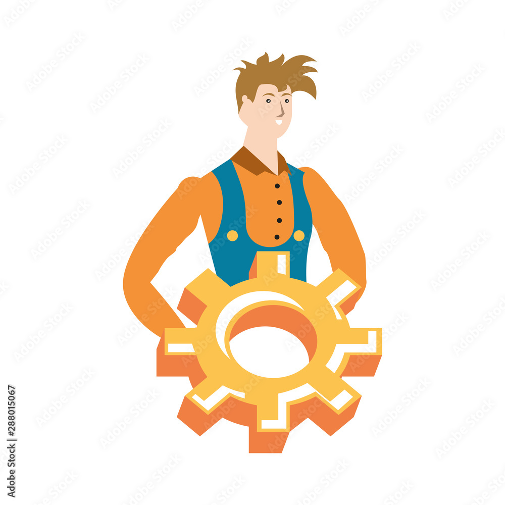 Poster builder constructor worker with gear character