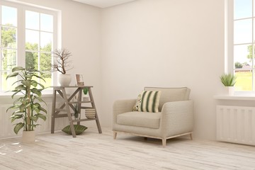 Stylish room in white color with armchair. Scandinavian interior design. 3D illustration