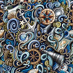 Cartoon hand-drawn nautical doodles seamless pattern