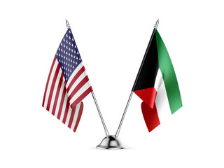 Desk flags, United States  America  and Kuwait, isolated on white background. 3d image
