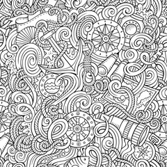 Cartoon hand-drawn nautical doodles seamless pattern