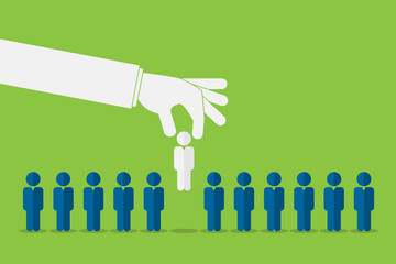 Human resources concept. Hand picking up a candidate, Vector business