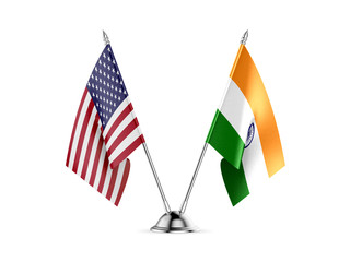 Desk flags, United States  America  and India, isolated on white background. 3d image