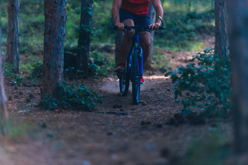 Obraz premium Man on mountain bike rides on the trail through the woods while moving extremely fast.