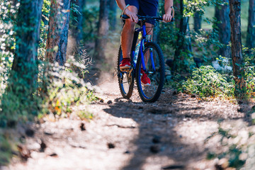 Man on mountain bike rides on the trail through the woods while moving extremely fast.