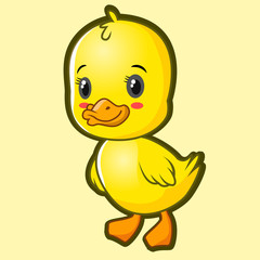 Cartoon little yellow duck is standing smiling.