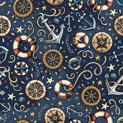 Cartoon hand-drawn nautical doodles seamless pattern