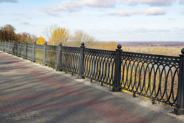 Beautiful decorative cast metal black fence in the autumn
