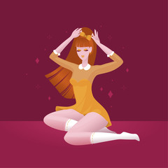 Girl in a light dress posing sitting on the floor. Stylish vintage, transparent gradient. Fashion magazine of the 1920s. Vector flat illustration.