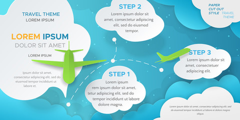 Horizontal banner with green paper airplanes flying among clouds on blue background. Vector travel scene in paper cut style with 3d origami aircrafts and cloud speech bubble with place for text.