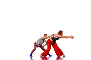 Fototapeta na wymiar Strong hip-hop boy dance with his partner