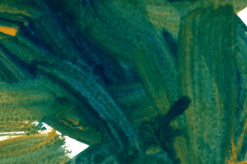 Green, indigo and ocher watercolor wallpaper. Hand drawn paintbrush swabs raster illustration.