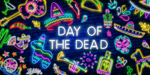 Skull neon sign. Day of the Dead Dia de Muertos . Neon sign, bright signboard, light banner.