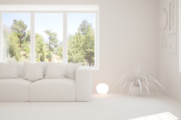 Mock up of stylish room in white color with sofa and green landscape in window. Scandinavian interior design. 3D illustration