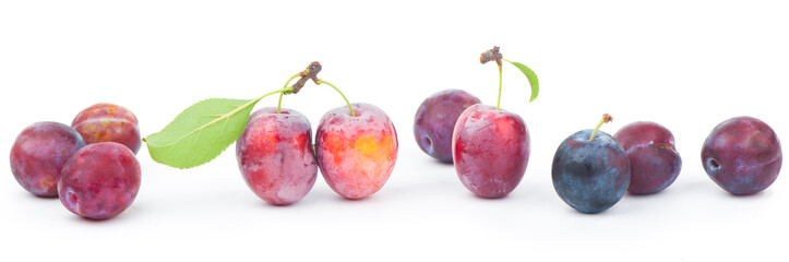 Ripe plums with leaves close up on white background