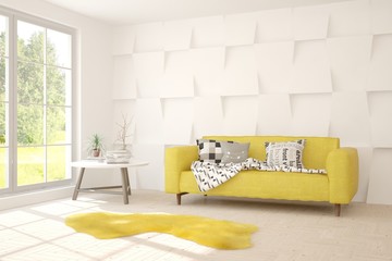 Stylish room in white color with sofa and summer landscape in window. Scandinavian interior design. 3D illustration