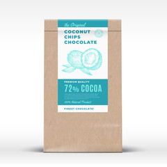 The Original Coconut Chips Chocolate. Craft Paper Bag Product Label. Abstract Vector Packaging Design Layout with Realistic Shadows. Modern Typography and Hand Drawn Coco Nuts Silhouette.
