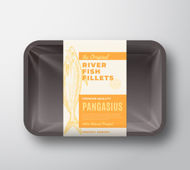 The Original Fish Fillets Abstract Vector Packaging Design Label on Plastic Tray with Cellophane Cover. Modern Typography and Hand Drawn Pangasius or Basa Silhouette Background Layout.