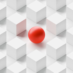abstract concept of diversity. red sphere surrounded by white cubes. 3d illustration and wallpaper