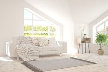 Stylish room in white color with sofa and summer landscape in window. Scandinavian interior design. 3D illustration