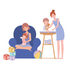 cute pregnancy mothers with little babies in livingroom