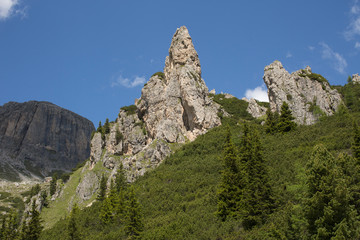Spikes Rocks in the Dolomites during Summer. Trees in the Foreground and Mountains in the Background