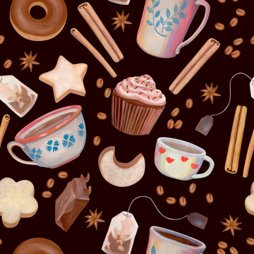 Sweet seamless pattern painted with acrylics. Cookies, donuts, cupcake, chocolate, anise, coffee beans, tea bags and cute cups on a brown background. For packaging design, wrapper, fabric and etc.