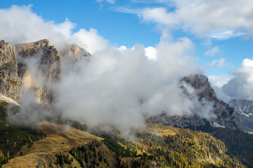 Passo Gardena in the Dolomites above Val Gardena and Corvara. Beautiful Dolomite Mountains in the Italian Alps