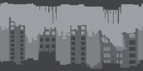 Post apocalyptic abandoned city - horizontal seamless pixelated backdrop with ruins of the town after accident for 8-bit games. Can be used as pixel background for creating levels, wallpapers etc.