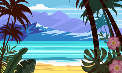 Seascape beach landscape ocean - Exotic plants leaves and palms.