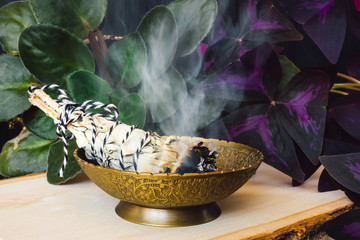 Brass Bowl and Burning Smudge with Violet Flower and Purple Shamrock