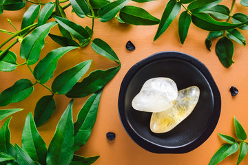 Citrine with Jasmine Leaves on Golden Background