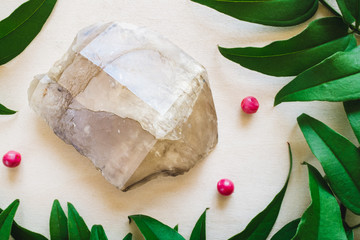 Smoky Quartz with Jasmine Leaves and Schinus molle