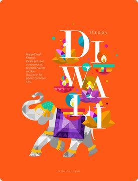 Happy Diwali. Indian festival of lights. Vector abstract flat illustration for the holiday, lights, elephant, Indian woman and other objects for background or poster.