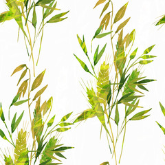 Watercolor wheat ears seamless pattern.Image of ears of wheat on a white and colored background.