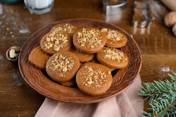 Fragrant gingerbread cookies with nuts. The process of baking gingerbread.