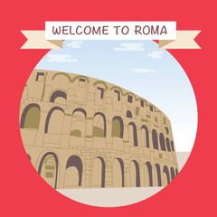 Welcome to Roma promotional banner with famous coliseum.