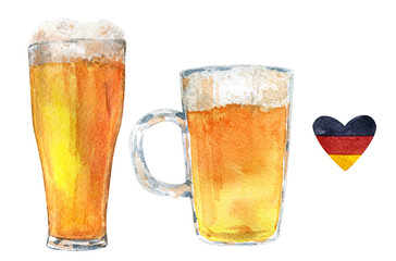 Set of light beer in glass, beer mug with foam and heart shape German flag isolated on white background. Hand drawn watercolor Oktoberfest beer festival elements
