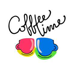 Two trendy hand drawn cups and elegant inscription Coffee Time. Painting-like style. Isolated on the white