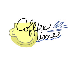 Fototapeta premium Yellow hand drawn cup and elegant inscription Coffee Time. Isolated on the white