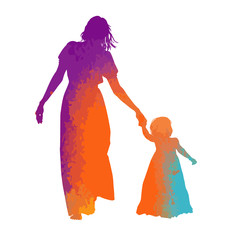 The Multicolored silhouette of mom and daughter. Vector illustration